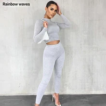 

Rainbowwaves Women's Tracksuit Suit Colorful Casual Long Sleeve T-shirt Jogger Pants Two Piece Set Solid Slim Sportswear Outfits