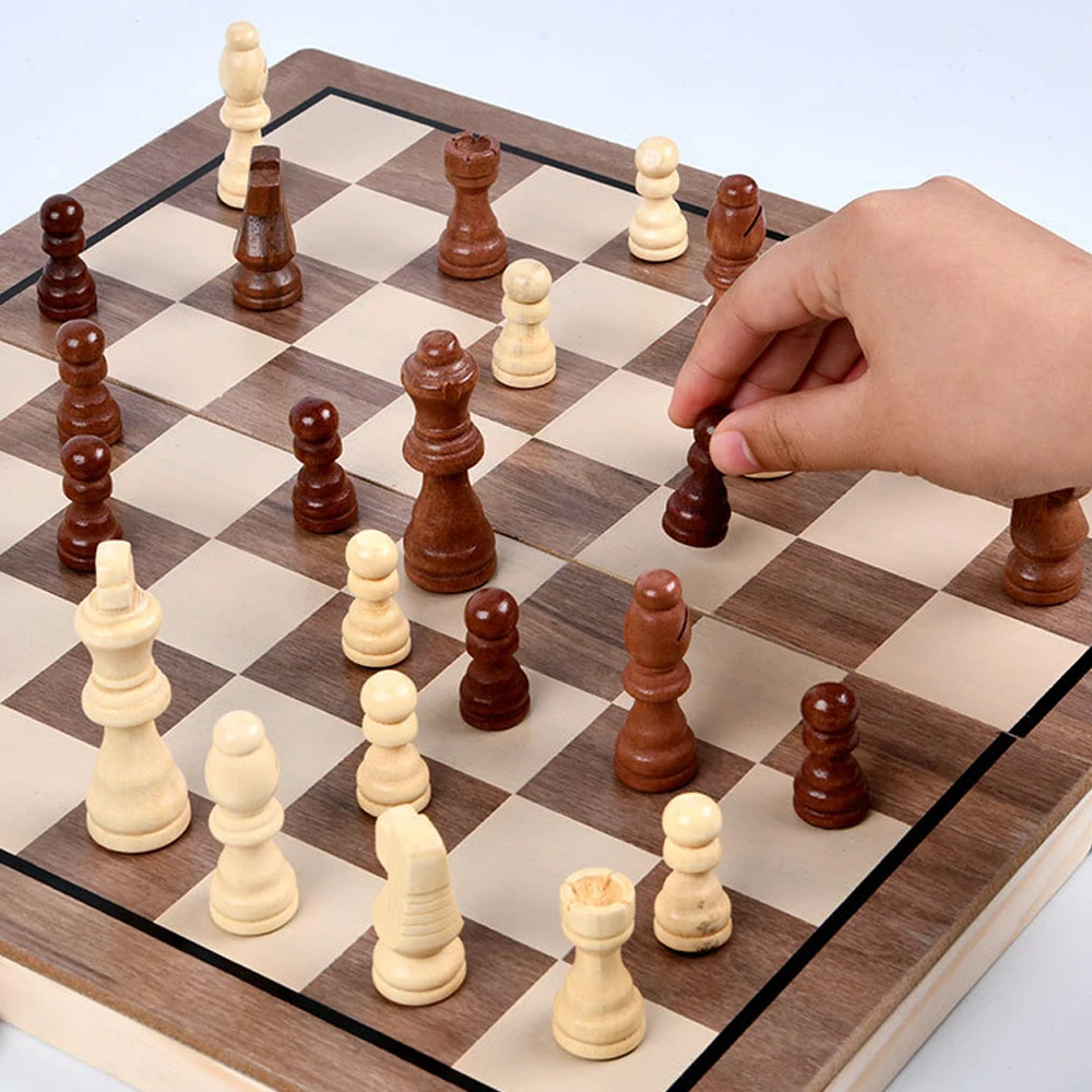 New Wooden Chess 2-in-1 Checkers Round Corner Fold Board Magnetic