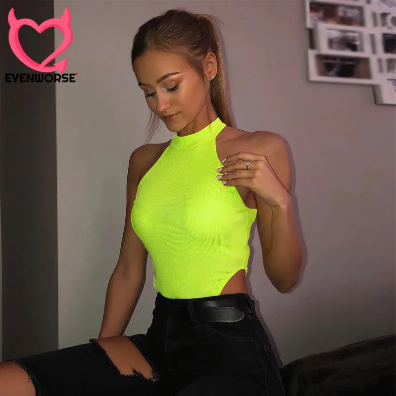 

Evenworse 2019 summer women neon green solid color sleeveless skinny sexy bodysuit high waist club body party bodycon