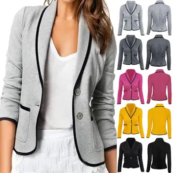 

Office Lady Autumn Solid Color Lapel Collar Buttons Pockets Short Blazer Jacket