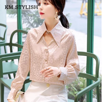 

New Women Turn-down Collar Leopard Print Chiffon Blouse Long-sleeve Cutout Sexy Shirts Female Fashion Single-breasted Tops