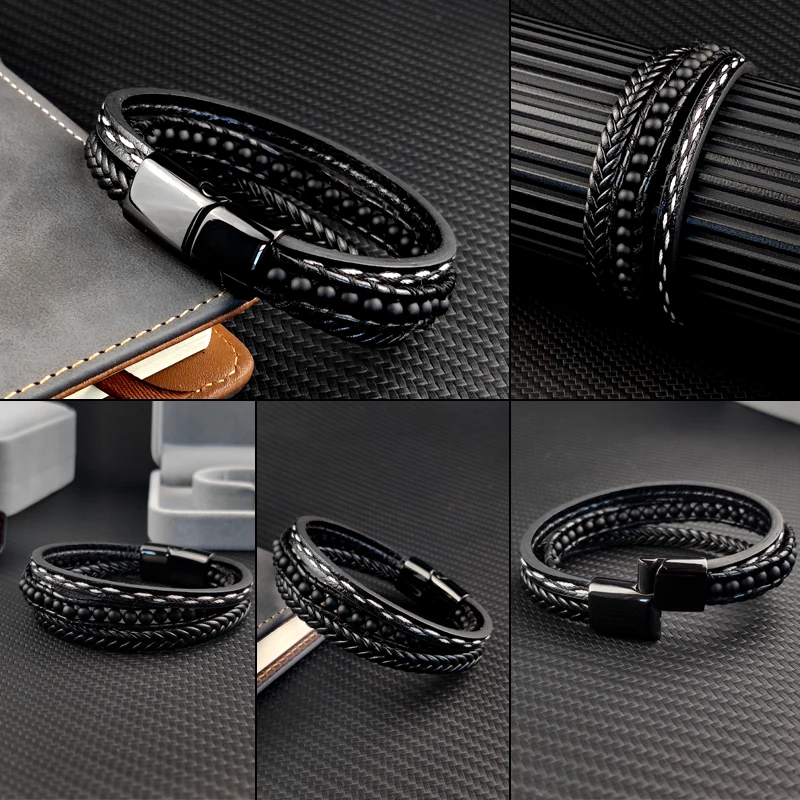 MingAo Punk Stainless Steel Beaded Custom Name Men Charm Bracelet Multi-layer Bangle Leather braid Magnet Clasp bracelet Jewelry