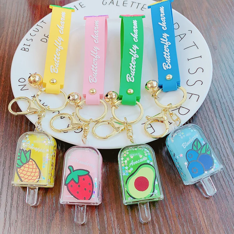 

Creative Loveliness Softdrink Key Quicksand Keychain Liquid Floating Bottle Fruit Keyring Backpack Pendant Keyfob for women