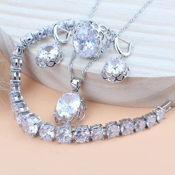 

Women Luxury Bridal Jewelry Sets White Zirconia Silver 925 For Costume Jewellery Wedding Bracelet&Ring Earrings Pendant Necklace