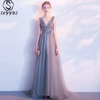 

Sequined Evening Gown Skyyue K385 Tank Sleeveless Backless Robe De Soiree A-Line Plus Size Crepe Special Occasion Dress