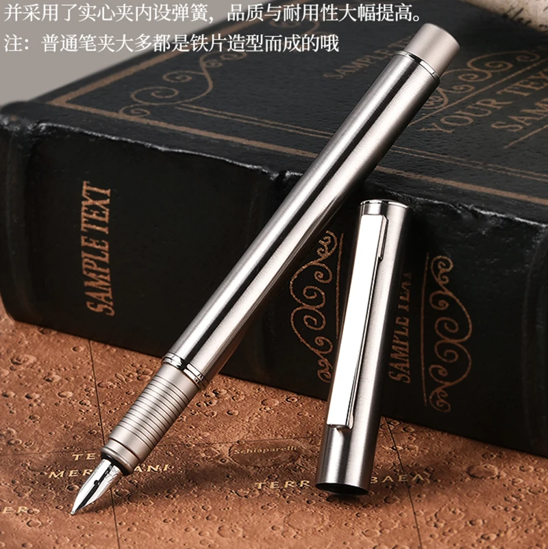 HongDian 516S Metal Silver Fountain Pen Stainless Steel Fine Nib 0.4mm Excellent Writing Gift Ink Pen for Business Office School