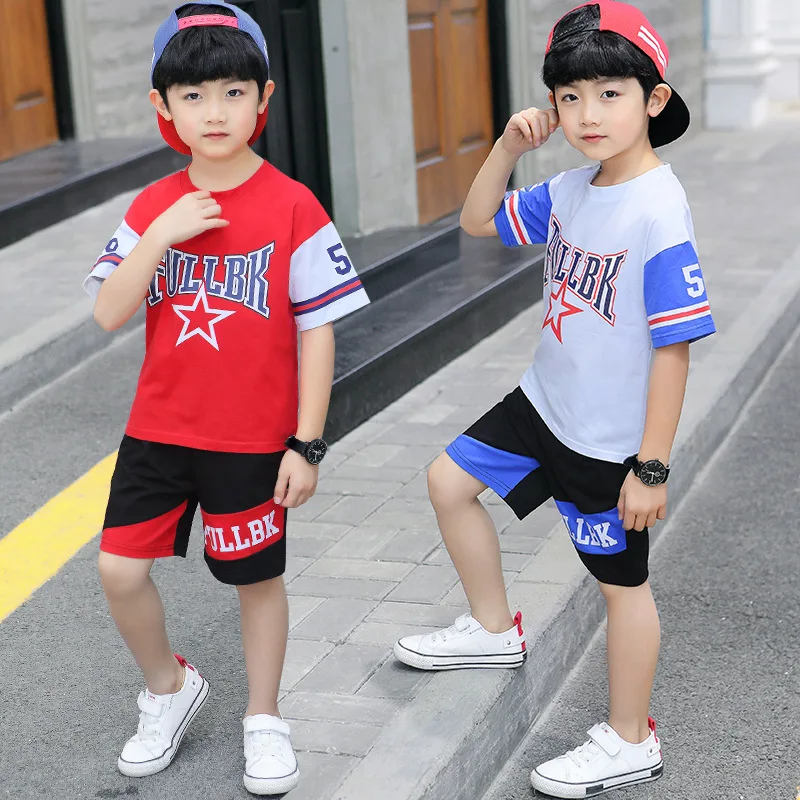 

2019 Summer New Style Children's Suit Korean-style Boy's Casual round Neckline T-shirt Five-pointed Star Sports Shorts Set