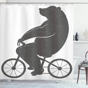 

Vintage Shower Curtain, Bear on a Bike Humor Parody Modern Funny Cycling Hipster Artwork Print, Cloth Fabric Bathroom Decor Set