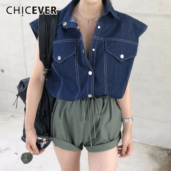 

CHICEVER Korean Patchwork Hit Color Denim Women‘s Jumpsuit Lapel Collar Sleeveless High Waist Lace Up Loose Playsuit Female 2020