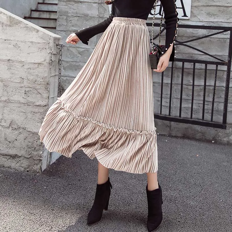 Золотая Бархатная плиссированная юбка женская осенняя и зимняя новая юбка ретро средней длины с высокой талией длинная юбка l2