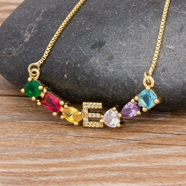 New Design Luxury Initial Alphabet A-Z Letters Charm Rainbow Pendant Necklace Copper Zirconia Choker Family Jewelry Gift
