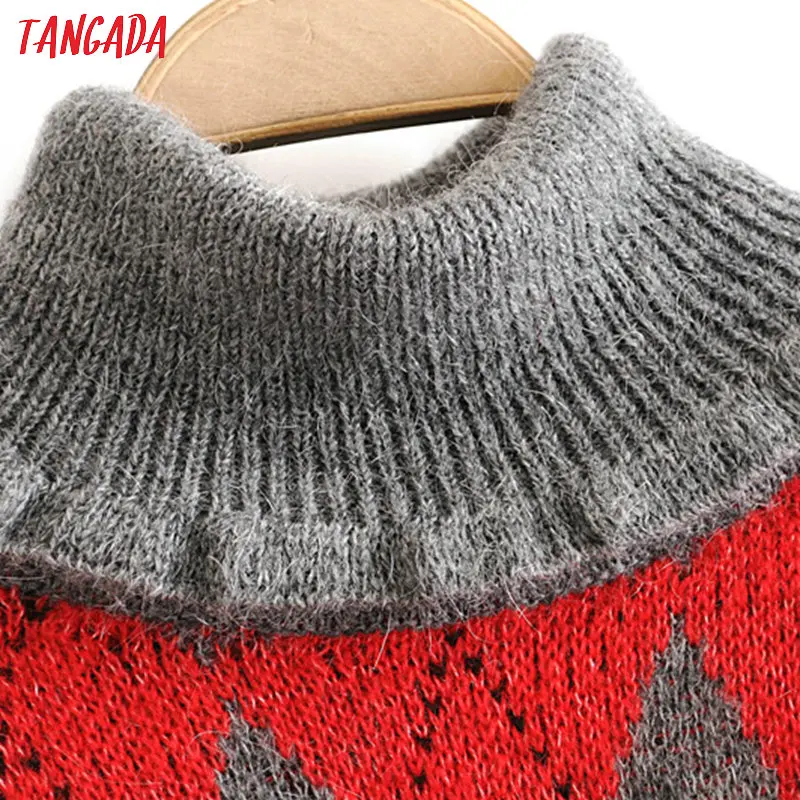 Tangada women red plaid pattern strethy turtleneck sweaters winter warm sweet ruffle sweater knitwear top 3H187