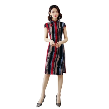 

new striped fashion stand collar stretch cotton cheongsam summer retro long paragraph improved self-cultivation cheongsam dress