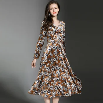 

Winter Women Velvet Dress Robe Hiver 2020 Vestidos Mujer Long Sleeve V-neck Fold Waist Midi Party Dresses Robe Femme K325385