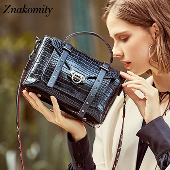 

Znakomity women genuine leather crossbody bags retro crocodile female shoulder bag black brown messenger party bolsas feminina