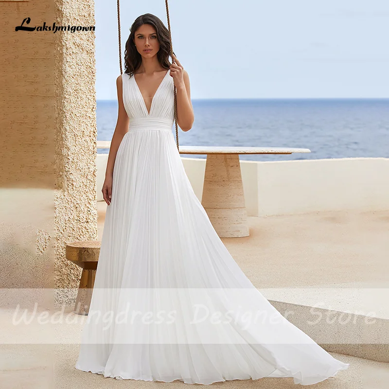 cheap wedding dresses Lakshmigown Chiffon A Line Wedding Dresses for Woman V Neck Backless Simple Boho Pleat Dresses Sexy Bridal Gowns Robe De Mariee dresses for wedding