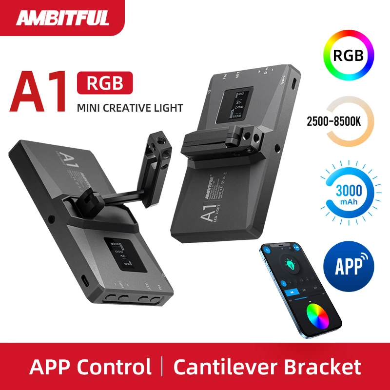 AMBITFUL A1 RGB 2500K-8500K Dimmable Full Color LED Video Light Cantilever Bracket with APP for DSLR Camera Light Vlogging Live