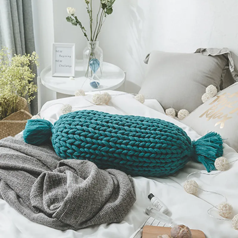 DIY Овальный Подушка-цилиндр, сплошной цвет ручного ткачества декоративные толстые линии Подушка 30X60 см новые творческие подушки, творческие подарки - Цвет: Розовый