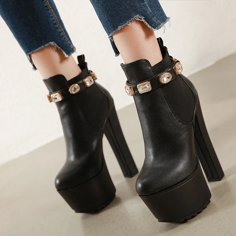 

Rock Shoes Woman Autumn Boots Booties Ladies Lace Up Luxury Designer Round Toe Winter Women Crystal Martins High Heel 2019