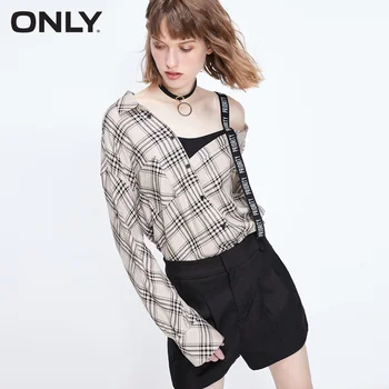 

ONLY Women's Loose Fit Checked Letters Off-the-shoulder Fake Two-piece Shirt | 119251509
