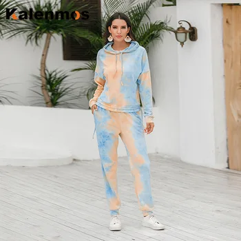 

KALENMOS Women 2 Piece Sets Tie Dye Print Homewear Crop Tops Tshirt Biker Pants Sports Tracksuits Sleepwear Pajamas Lounge Wear