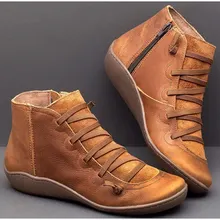 Зимние женские ботинки в стиле ретро; однотонные ботильоны из искусственной кожи на плоской подошве со шнуровкой; Модные Ботинки martin в стиле панк; женская обувь; Размеры 35-43