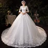 Boat Neck Wedding Gown With Train 2024 Three Quarter Sleeve Lace Up Bridal Ball Gown Robe De Mariee Vestido De Noiva Customized 1