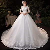 Boat Neck Wedding Gown With Train 2024 Three Quarter Sleeve Lace Up Bridal Ball Gown Robe De Mariee Vestido De Noiva Customized 1