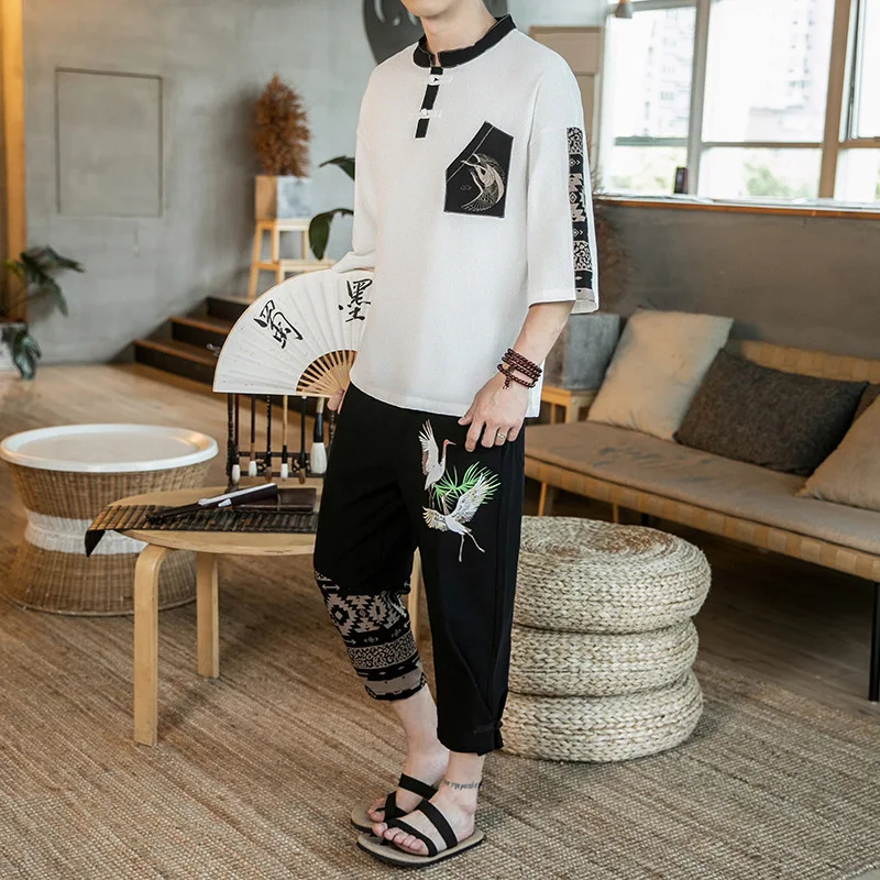 Summer New Style Youth Men's Casual Sun Protection Suit Cardigan Dragon Pattern Dark Pattern Male 7-Points Sleeves Top+Trousers