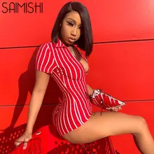 Saimishi, Женский облегающий сексуальный комбинезон,, красный, белый, в полоску, с коротким рукавом, на молнии, с отворотом, комбинезон, женский, обтягивающий, Клубные, вечерние, боди