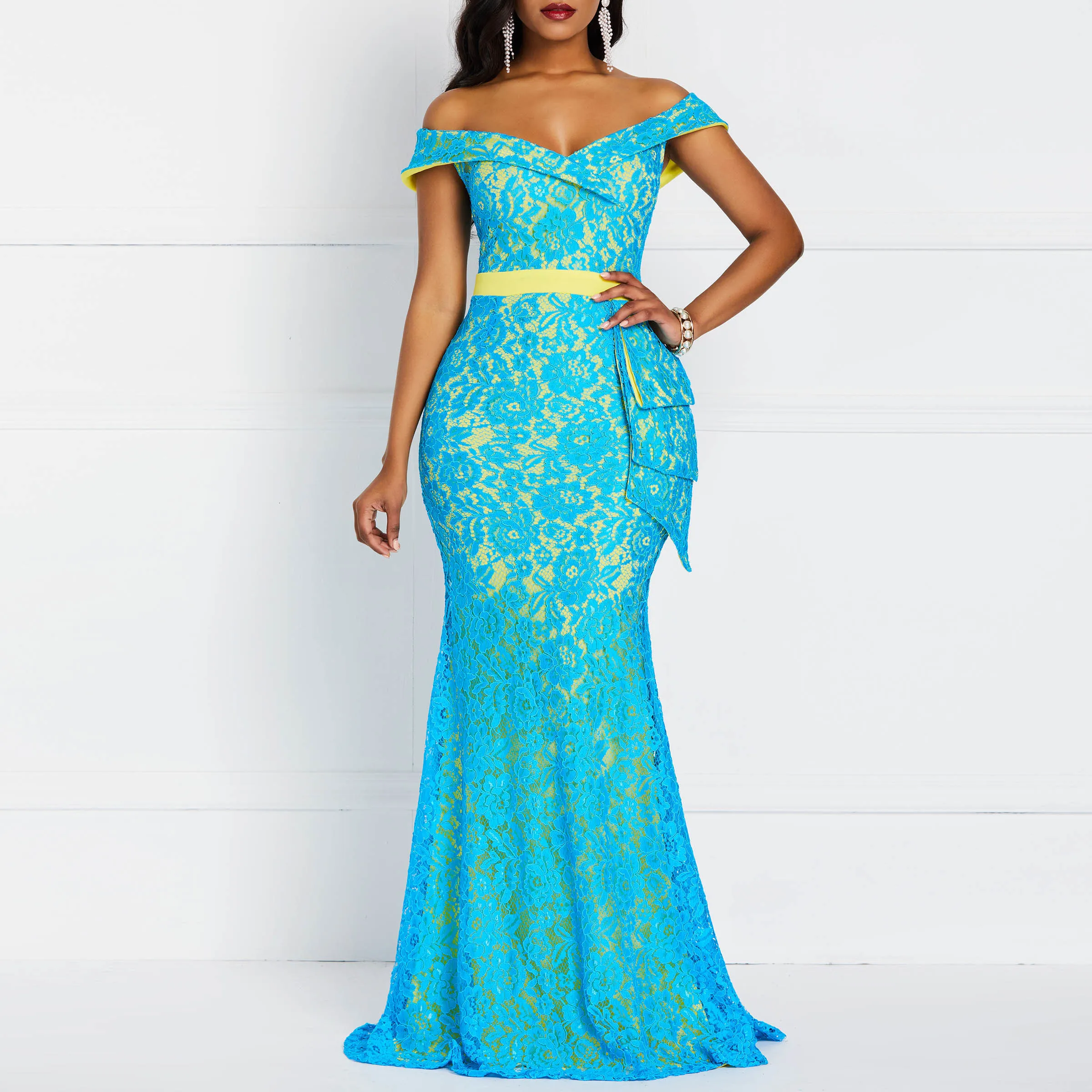 

Women Maxi Dresses Elegant Blue Plus Size Mermaid High Waist Off Shoulder Ruffles Female Fashion Retro Lace Party Long Dress