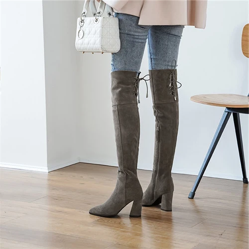 Ботфорты выше колена на высоком квадратном каблуке 8 см пикантные женские зимние сапоги до бедра из натуральной замши с острым носком серого цвета LDI14 muyisxi - Цвет: gray short plush