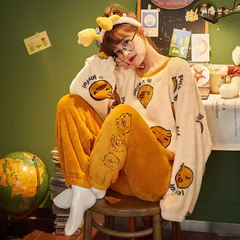 

2020 Autumn Winter Warm Flannel Women Pyjamas Sets Thick Coral Velvet Long Sleeve Cartoon Sleepwear Thin Flannel Pajamas Set