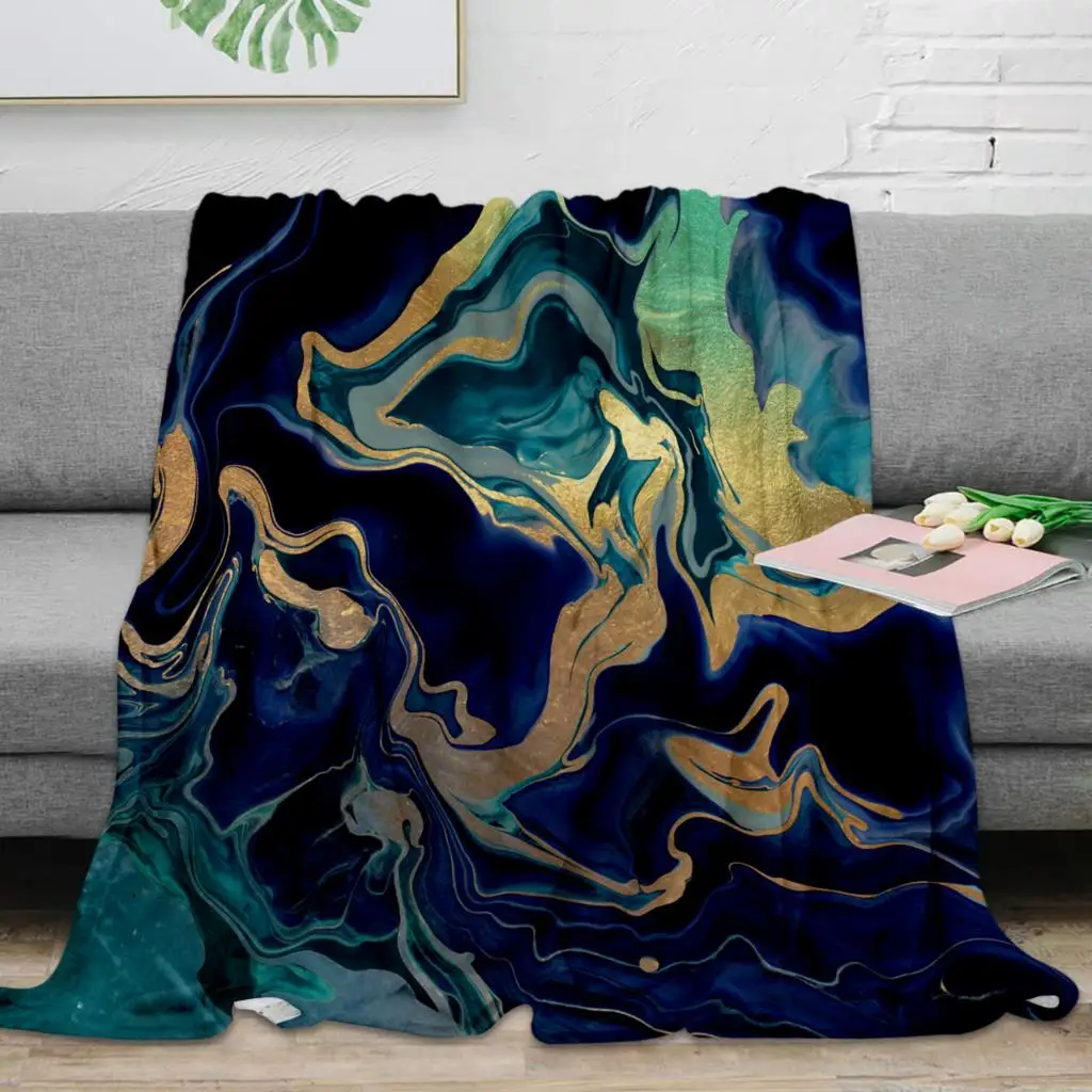 

DRAMAQUEEN - GOLD INDIGO MARBLE Throw Blanket Warm Microfiber Blanket Flannel Blanket Blankets For Beds