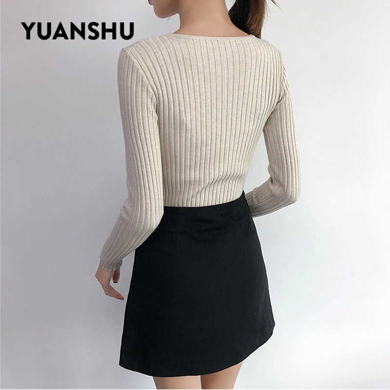YUANSHU Spring Soft Sweater Women Jumper V Neck Slim Elasticity Knitted Pullover Female Long Sleeve Autumn Basic Knitwear Tops