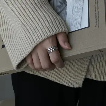 

INS retro Authentic S925 Sterling Silver FINE Jewelry "N" Curb Chain adjust Band Wider ring TLJ844