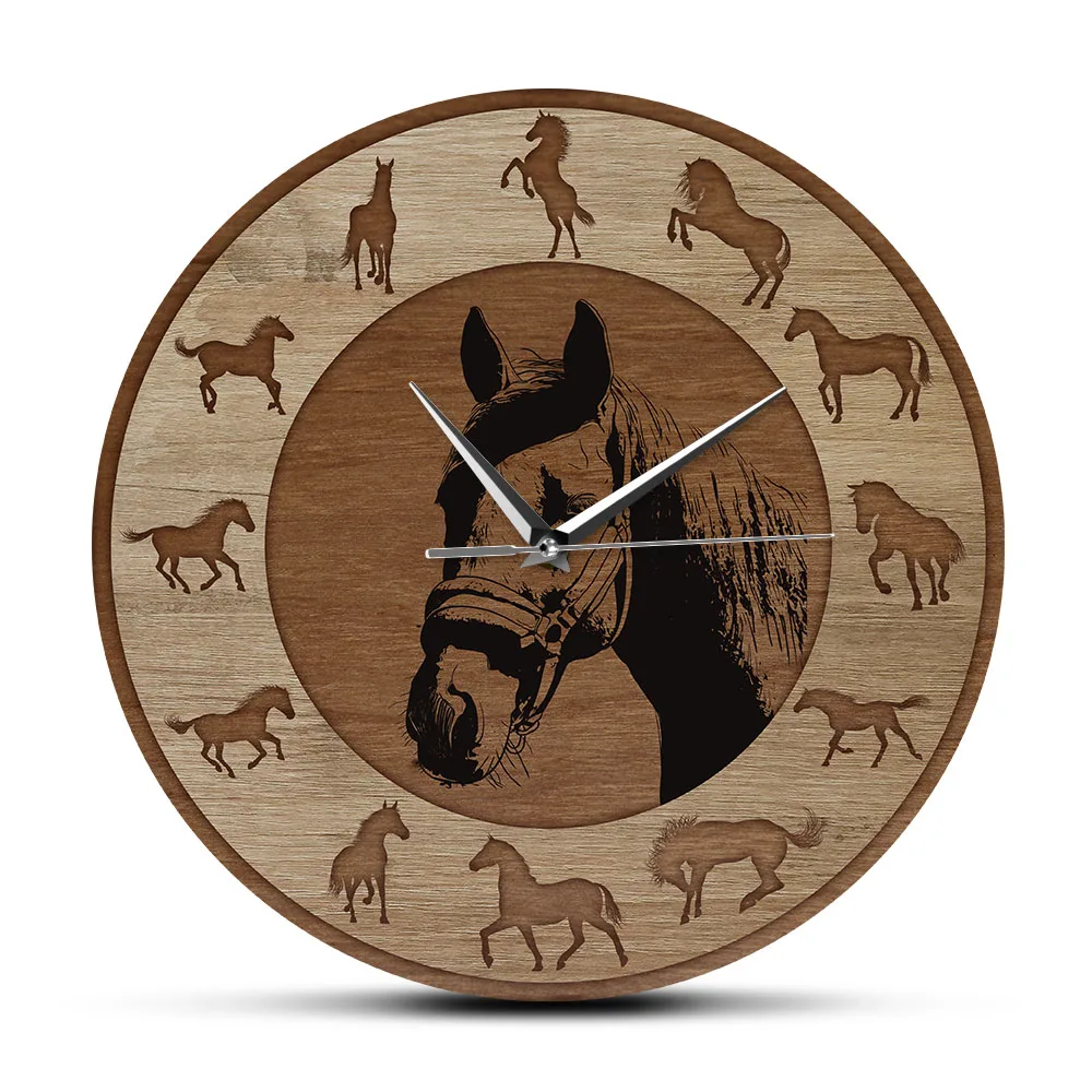 Running Horses Silhouettes Wall Clock Wood Grain Texture Printed Wall Clock No Frame  