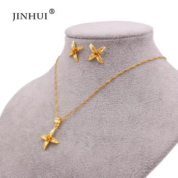 

Ethiopian wedding gold jewelry sets flowers pendant necklace earrings wife gifts for women Dubai African bridal jewellery set