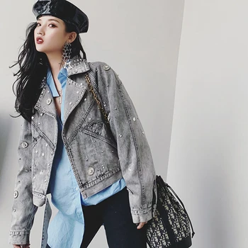 

High quality Vintage Spring Rivet Beading Pockets Women Denim Jacket Female Loose Coat 2020 Autumn New Cool Girl Outwear NZYZ157