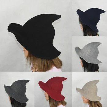 

1PC Halloween Witch Hat Kinitted-Wool Black Wizard Hat For Cosplay Masquerade Party Costume Decor Supplies Winter Adult Kids Cap