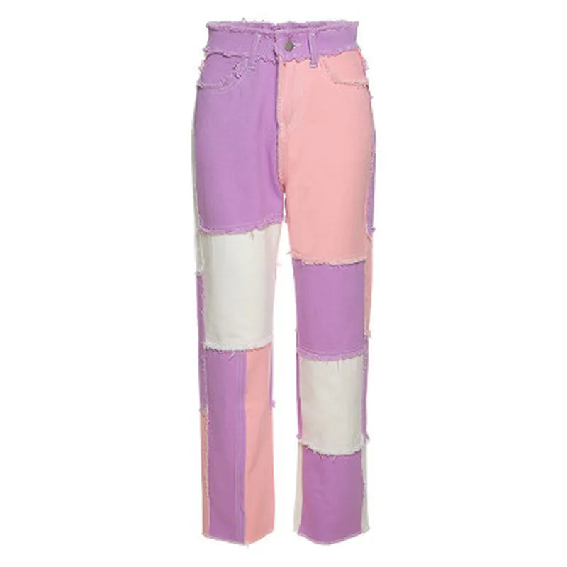 

2020 New Hot WomenFashion High Waist Street Wear Hip Hop Straight Trousers Patchwork Design Button Fly Casual Female Pants