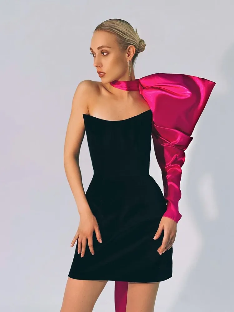 Elegante minivestido de fiesta con un solo hombro y mangas abullonadas, de patchwork, sin espalda, sexy, ajustado, para noche y club, 2025
