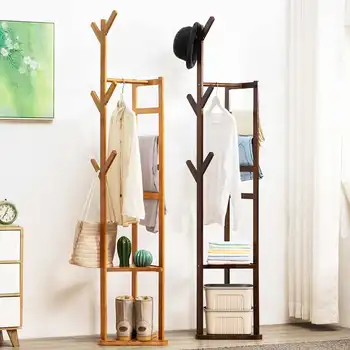 

Bamboo Floor Coat Rack Living Room Bedroom Standing Clothes Hanger Storage Rack Holder Shelf 6 Hooks Home Furniture