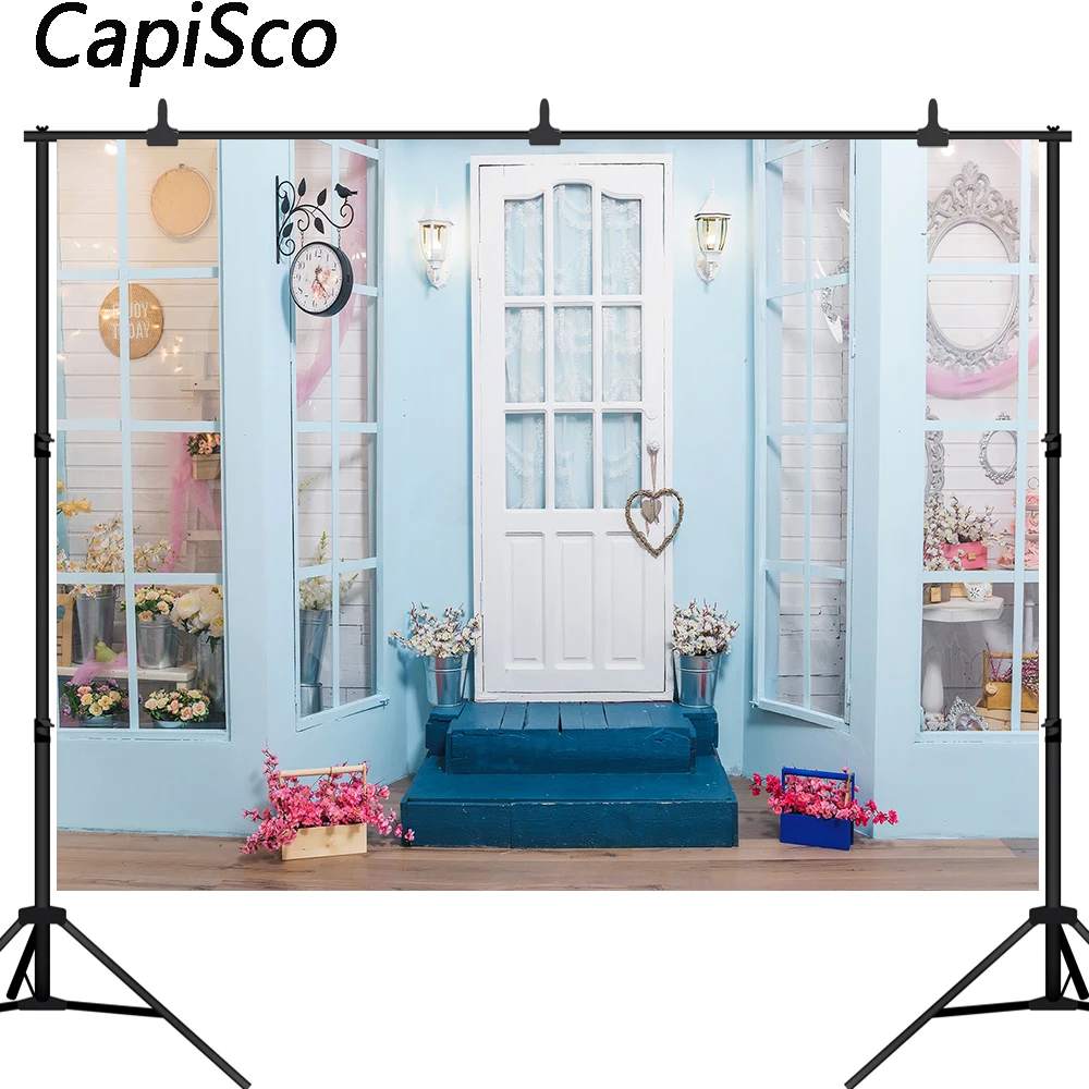 

Capisco Photography backdrop flower shop wood door blue wall girl newborn baby birthday party Photo background photo studio prop