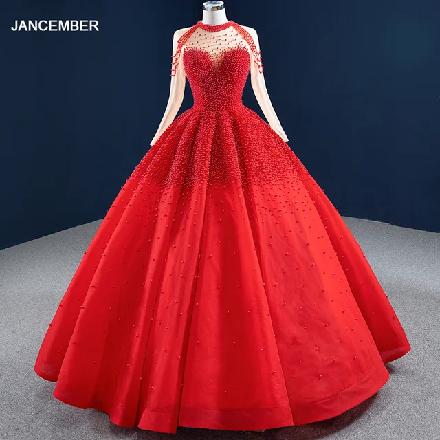 J67198 Jancember Red High Neck Full Body Pearls Weeding Dresses 2020 Sequined Long Sleeve Lace Up Back 1