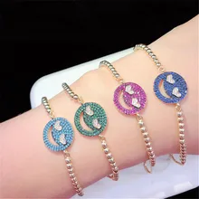 10 шт./лот,, латунный браслет с радужным кубическим цирконием, регулируемый браслет со смайликом, модные ювелирные изделия