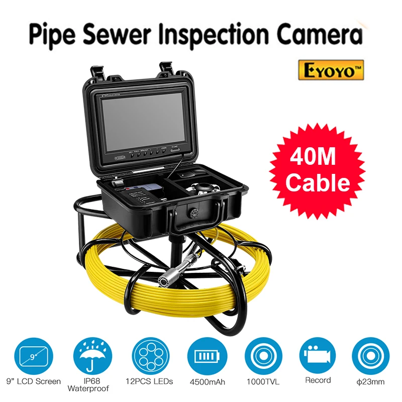 

Eyoyo Pipeline Endoscope Inspection Camera 40M Underwater Industrial Pipe Sewer Drain Video 9 Inch LCD Monitor 1000TVL Snake Cam
