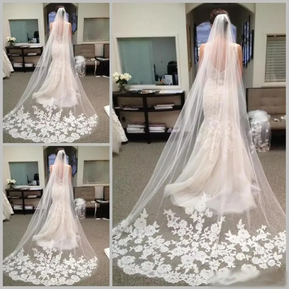 Hot Sale Cheap Long Chapel Length Bridal Veil Lace Applique Cathedral Gown Vesta De Novia Longo Wedding | Свадьбы и торжества