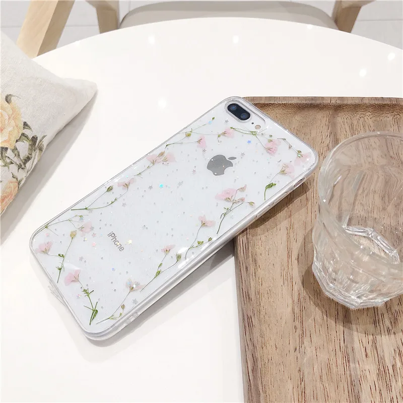 GYKZ блестящие натуральные высушенные цветы чехол для iPhone 7 XS MAX XR X 8 6 6s Plus прозрачный мягкий ТПУ чехол для телефона чехол Женский Сумка