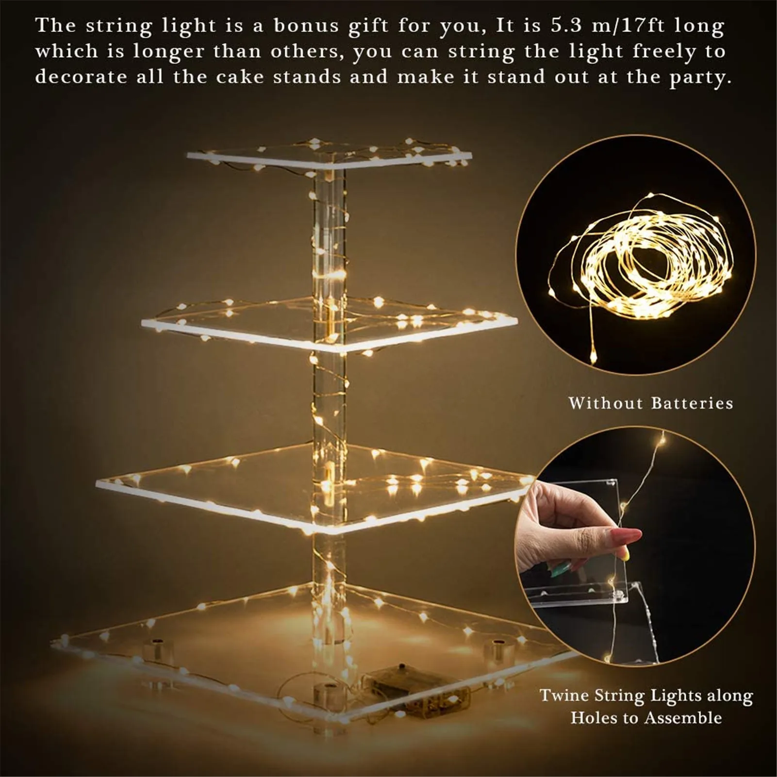 4-Tier Cake Plate Stand LED Light String Cupcake Holder Acrylic Cupcake Display Stand Holder Wedding Party Decoration Cake Tools